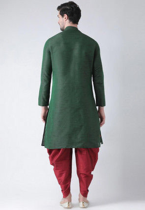 Embroidered Dupion Silk Side Slit Dhoti Kurta in Dark Green