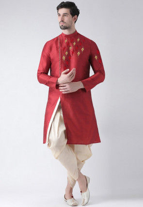 Embroidered Dupion Silk Side Slit Dhoti Kurta in Maroon