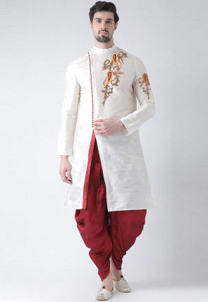 Embroidered Dupion Silk Side Slit Dhoti Kurta in White