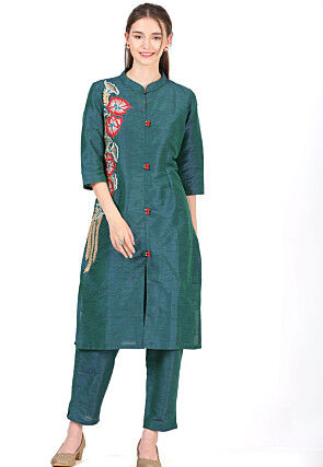 Embroidered Dupion Silk Straight Kurta in Dark Teal Green