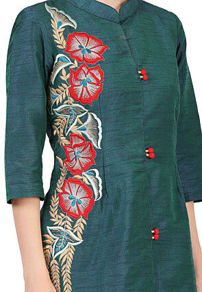 Embroidered Dupion Silk Straight Kurta in Dark Teal Green