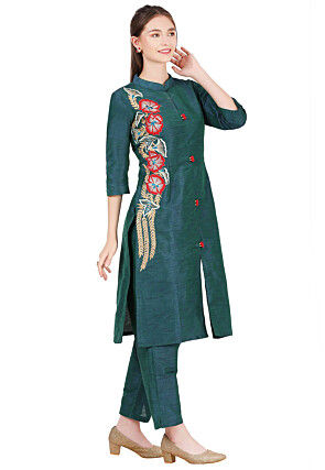 Embroidered Dupion Silk Straight Kurta in Dark Teal Green