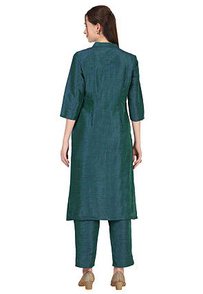 Embroidered Dupion Silk Straight Kurta in Dark Teal Green