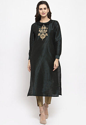Embroidered Dupion Silk Straight Kurta Set in Black