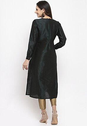 Embroidered Dupion Silk Straight Kurta Set in Black