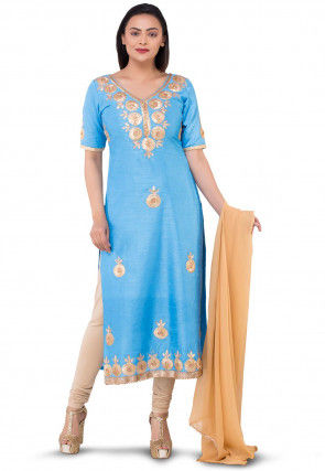 Embroidered Dupion Silk Straight Suit in Light Blue