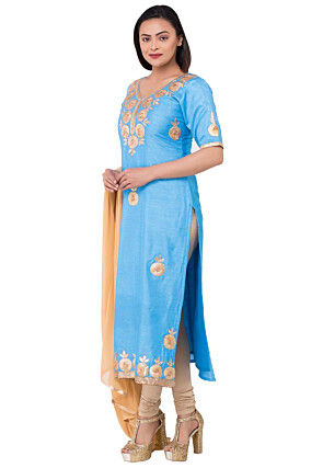 Embroidered Dupion Silk Straight Suit in Light Blue