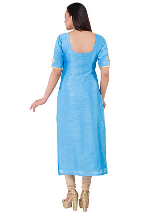 Embroidered Dupion Silk Straight Suit in Light Blue