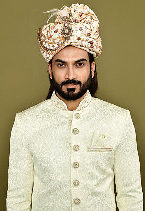 Embroidered Dupion Silk Turban in Beige