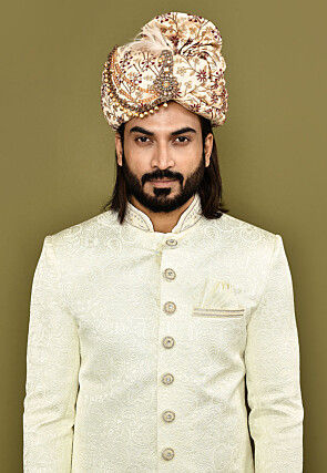 Embroidered Dupion Silk Turban in Beige