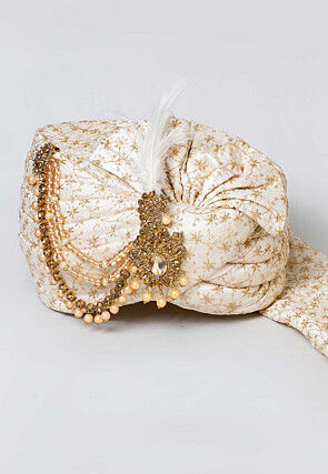 Embroidered Dupion Silk Turban in Off White