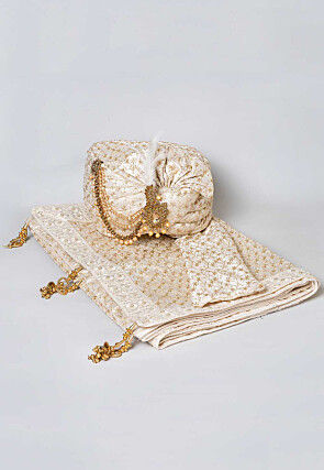 Embroidered Dupion Silk Turban in Off White