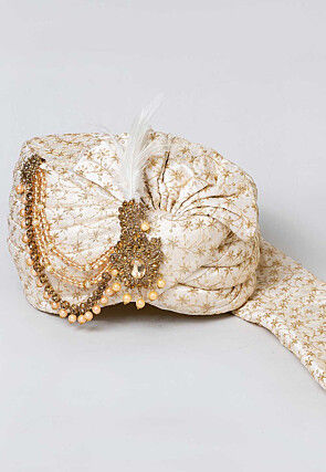 Embroidered Dupion Silk Turban in Off White
