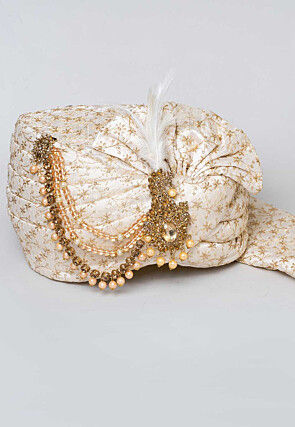 Embroidered Dupion Silk Turban in Off White