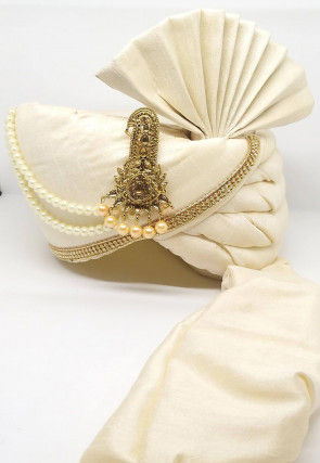 Embroidered Dupion Silk Turban in Off White