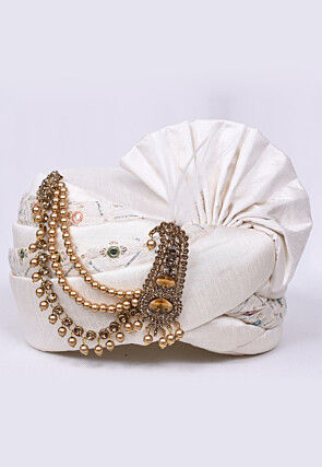 Embroidered Dupion Silk Turban in Off White