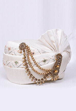Embroidered Dupion Silk Turban in Off White
