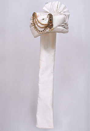 Embroidered Dupion Silk Turban in Off White
