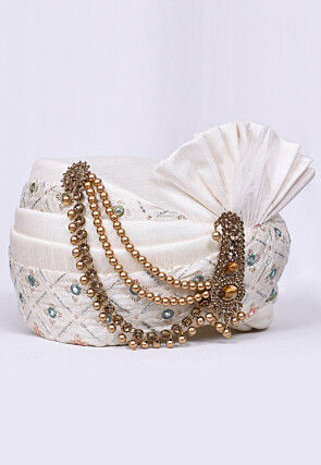 Embroidered Dupion Silk Turban in Off White