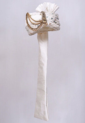 Embroidered Dupion Silk Turban in Off White