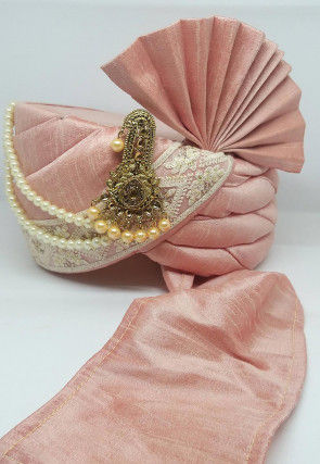 Embroidered Dupion Silk Turban in Pink