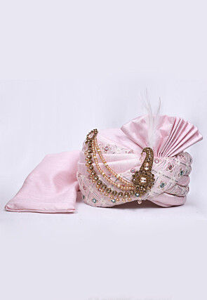 Embroidered Dupion Silk Turban in Pink