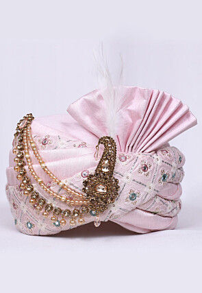 Embroidered Dupion Silk Turban in Pink