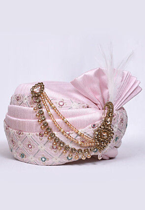 Embroidered Dupion Silk Turban in Pink