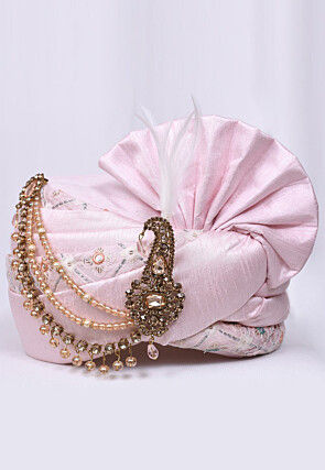 Embroidered Dupion Silk Turban in Pink