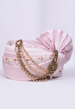 Embroidered Dupion Silk Turban in Pink
