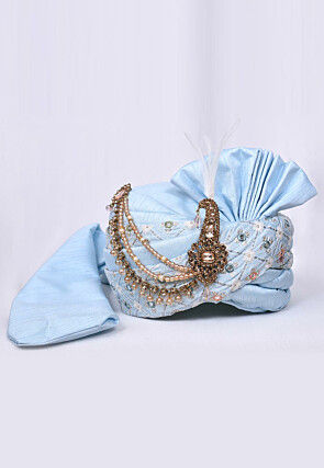 Embroidered Dupion Silk Turban in Sky Blue