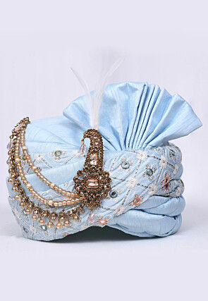 Embroidered Dupion Silk Turban in Sky Blue
