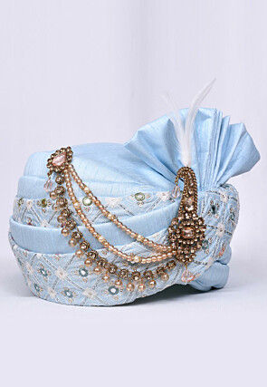 Embroidered Dupion Silk Turban in Sky Blue