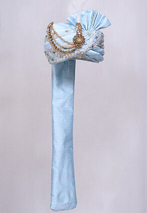 Embroidered Dupion Silk Turban in Sky Blue