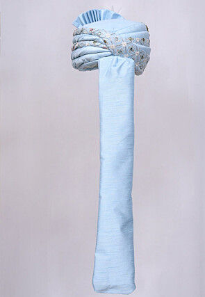 Embroidered Dupion Silk Turban in Sky Blue