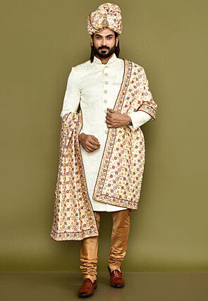 Embroidered Dupion Silk Turban Set in Beige