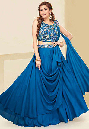 Embroidered Crepe Lehenga in Blue