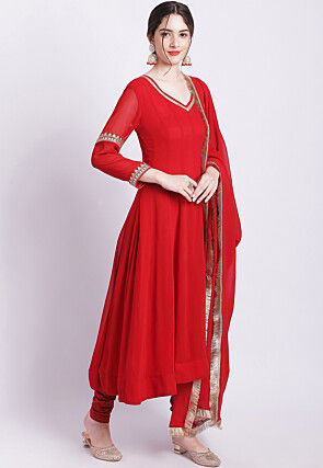 Embroidered Georgette Anarkali Suit in Red