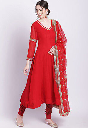 Embroidered Georgette Anarkali Suit in Red