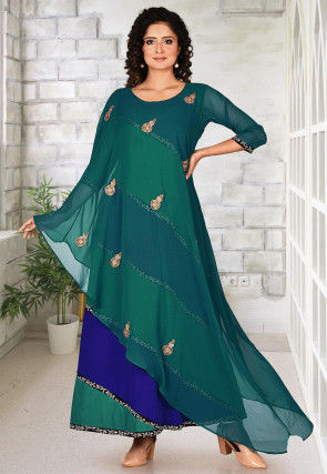 Embroidered Faux Georgette Gown in Teal Green and Blue