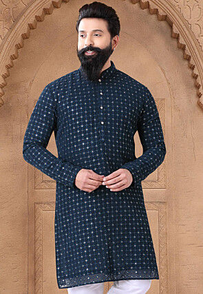 Embroidered Georgette Kurta in Teal Blue