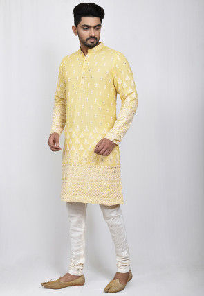Embroidered Faux Georgette Kurta Set in Yellow