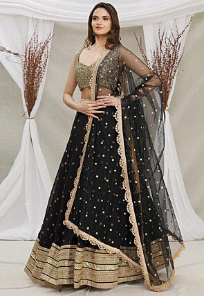 Embroidered Georgette Lehenga in Black