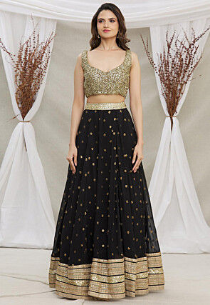 Embroidered Georgette Lehenga in Black
