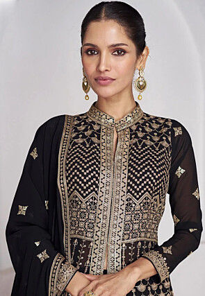 Embroidered Georgette Lehenga in Black