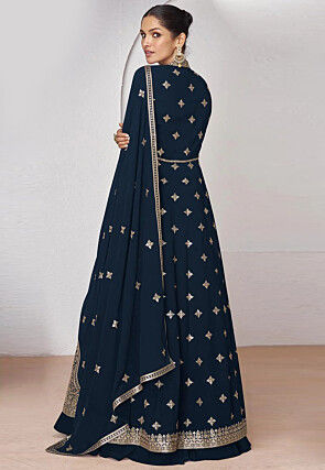 Embroidered Georgette Lehenga in Navy Blue