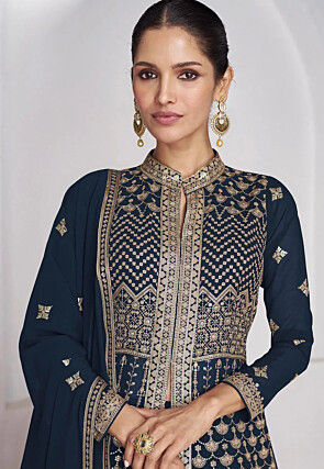 Embroidered Georgette Lehenga in Navy Blue