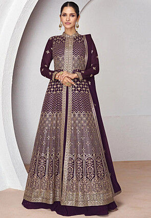 Embroidered Georgette Lehenga in Wine