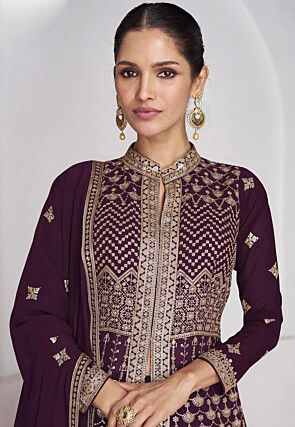 Embroidered Georgette Lehenga in Wine