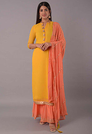Embroidered Georgette Pakistani Suit in Mustard